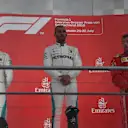 Valtteri Bottas (FIN) Mercedes-AMG F1, Lewis Hamilton (GBR) Mercedes-AMG F1 and Kimi Raikkonen (FIN) Ferrari on the podium at Formula One World Championship, Rd11, German Grand Prix, Race, Hockenheim, Germany, Sunday 22 July 2018. © Mark Sutton/Sutton Images