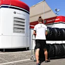 Alfa Romeo Sauber F1 Team mechanic with Pirelli tyres at Formula One World Championship, Rd11, German Grand Prix, Preparations, Hockenheim, Germany, Thursday 19 July 2018. © Mark Sutton/Sutton Images