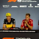 (L to R): Sergio Perez (MEX) Force India, Nico Hulkenberg (GER) Renault Sport F1 Team, Sebastian Vettel (GER) Ferrari and Pierre Gasly (FRA) Scuderia Toro Rosso in the Press Conference at Formula One World Championship, Rd11, German Grand Prix, Preparations, Hockenheim, Germany, Thursday 19 July 2018. © Manuel Goria/Sutton Images