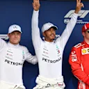 Valtteri Bottas (FIN) Mercedes-AMG F1, Lewis Hamilton (GBR) Mercedes-AMG F1 and Kimi Raikkonen (FIN) Ferrari celebrate in parc ferme at Formula One World Championship, Rd12, Hungarian Grand Prix, Qualifying, Hungaroring, Hungary, Saturday 28 July 2018. © Mark Sutton/Sutton Images