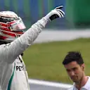 Lewis Hamilton (GBR) Mercedes-AMG F1 celebrates in parc ferme at Formula One World Championship, Rd12, Hungarian Grand Prix, Qualifying, Hungaroring, Hungary, Saturday 28 July 2018. © Jerry Andre/Sutton Images