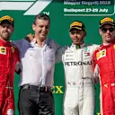 (L to R): Sebastian Vettel (GER) Ferrari, Lewis Hamilton (GBR) Mercedes-AMG F1 and Kimi Raikkonen (FIN) Ferrari celebrate on the podium at Formula One World Championship, Rd12, Hungarian Grand Prix, Race, Hungaroring, Hungary, Sunday 29 July 2018. © Manuel Goria/Sutton Images