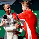 Lewis Hamilton (GBR) Mercedes-AMG F1 and Sebastian Vettel (GER) Ferrari celebrate in parc ferme at Formula One World Championship, Rd12, Hungarian Grand Prix, Race, Hungaroring, Hungary, Sunday 29 July 2018. © Jerry Andre/Sutton Images