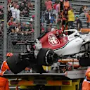 The crashed car of Marcus Ericsson, Alfa Romeo Sauber C37 is recovered in FP2 at Formula One World Championship, Rd14, Italian Grand Prix, Practice, Monza, Italy, Friday 31 August 2018. © Mark Sutton/Sutton Images