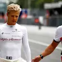 Marcus Ericsson, Alfa Romeo Sauber F1 Team walks in with his trainer Alex Elgh (SWE) after his crash in FP2 at Formula One World Championship, Rd14, Italian Grand Prix, Practice, Monza, Italy, Friday 31 August 2018. © Manuel Goria/Sutton Images