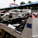 The crashed car of Marcus Ericsson, Alfa Romeo Sauber C37 is recovered to the pits in FP2 at Formula One World Championship, Rd14, Italian Grand Prix, Practice, Monza, Italy, Friday 31 August 2018. © Manuel Goria/Sutton Images