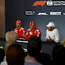 (L to R): Sebastian Vettel, Ferrari, Kimi Raikkonen, Ferrari and Lewis Hamilton, Mercedes AMG F1 in press conferenceat Formula One World Championship, Rd14, Italian Grand Prix, Qualifying, Monza, Italy, Saturday 1 September 2018. © Manuel Goria/Sutton Images