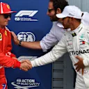 Pole sitter Kimi Raikkonen, Ferrari celebrates in parc ferme with Lewis Hamilton, Mercedes AMG F1 at Formula One World Championship, Rd14, Italian Grand Prix, Qualifying, Monza, Italy, Saturday 1 September 2018. © Mark Sutton/Sutton Images