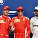 (L to R): Sebastian Vettel, Ferrari, pole sitter Kimi Raikkonen, Ferrari and Lewis Hamilton, Mercedes AMG F1 celebrate in parc ferme at Formula One World Championship, Rd14, Italian Grand Prix, Qualifying, Monza, Italy, Saturday 1 September 2018. © Mark Sutton/Sutton Images