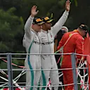 Valtteri Bottas, Mercedes AMG F1 and Lewis Hamilton, Mercedes AMG F1 on the podium at Formula One World Championship, Rd14, Italian Grand Prix, Race, Monza, Italy, Sunday 2 September 2018. © Jerry Andre/Sutton Images