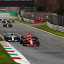 Kimi Raikkonen, Ferrari SF71H, Sebastian Vettel, Ferrari SF71H and Lewis Hamilton, Mercedes AMG F1 W09 on lap one at Formula One World Championship, Rd14, Italian Grand Prix, Race, Monza, Italy, Sunday 2 September 2018. © Manuel Goria/Sutton Images