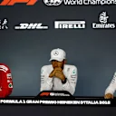 Kimi Raikkonen, Ferrari, Lewis Hamilton, Mercedes AMG F1 and Valtteri Bottas, Mercedes AMG F1 in the Press Conference at Formula One World Championship, Rd14, Italian Grand Prix, Race, Monza, Italy, Sunday 2 September 2018. © Mark Sutton/Sutton Images