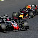Romain Grosjean, Haas F1 Team VF-18 leads Daniel Ricciardo, Red Bull Racing RB14 at Formula One World Championship, Rd17, Japanese Grand Prix, Race, Suzuka, Japan, Sunday 7 October 2018.