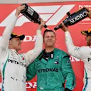 (L to R): Valtteri Bottas, Mercedes AMG F1, Matt Deane, Mercedes AMG F1 Chief Mechanic and Lewis Hamilton, Mercedes AMG F1 celebrate on the podium with the champagne at Formula One World Championship, Rd17, Japanese Grand Prix, Race, Suzuka, Japan, Sunday 7 October 2018.