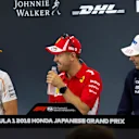 (L to R): Stoffel Vandoorne, McLaren, Sebastian Vettel, Ferrari and Esteban Ocon, Racing Point Force India F1 Team in Press Conference at Formula One World Championship, Rd17, Japanese Grand Prix, Preparations, Suzuka, Japan, Thursday 4 October 2018.