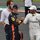 Max Verstappen, Red Bull Racing and Lewis Hamilton, Mercedes AMG F1 celebrate in Parc Ferme at Formula One World Championship, Rd19, Mexican Grand Prix, Qualifying, Circuit Hermanos Rodriguez, Mexico City, Mexico, Saturday 27 October 2018.
