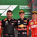 lre Sebastian Vettel, Ferrari, Guillaume Rocquelin, Red Bull Racing Race Engineer, Max Verstappen, Red Bull Racing and Kimi Raikkonen, Ferrari celebrate on the podium at Formula One World Championship, Rd19, Mexican Grand Prix, Race, Circuit Hermanos Rodriguez, Mexico City, Mexico, Sunday 28 October 2018.