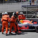 Marshals recover the crashed car of Max Verstappen (NED) Red Bull Racing RB14 in FP3 at Formula One World Championship, Rd6, Monaco Grand Prix, Qualifying, Monte-Carlo, Monaco, Saturday 26 May 2018. © Mark Sutton/Sutton Images