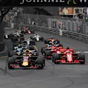 Daniel Ricciardo (AUS) Red Bull Racing RB14 leads Sebastian Vettel (GER) Ferrari SF-71H at the start of the race at Formula One World Championship, Rd6, Monaco Grand Prix, Race, Monte-Carlo, Monaco, Sunday 27 May 2018. © Mark Sutton/Sutton Images