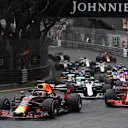 Daniel Ricciardo (AUS) Red Bull Racing RB14 leads Sebastian Vettel (GER) Ferrari SF-71H at the start of the race at Formula One World Championship, Rd6, Monaco Grand Prix, Race, Monte-Carlo, Monaco, Sunday 27 May 2018. © Mark Sutton/Sutton Images