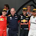 (L to R): Sebastian Vettel (GER) Ferrari, Adrian Newey (GBR) Red Bull Racing, Daniel Ricciardo (AUS) Red Bull Racing and Lewis Hamilton (GBR) Mercedes-AMG F1 celebrate on the podium at Formula One World Championship, Rd6, Monaco Grand Prix, Race, Monte-Carlo, Monaco, Sunday 27 May 2018. © Mark Sutton/Sutton Images