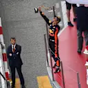 Race winner Daniel Ricciardo (AUS) Red Bull Racing celebrates on the podium with the trophy at Formula One World Championship, Rd6, Monaco Grand Prix, Race, Monte-Carlo, Monaco, Sunday 27 May 2018. © Jerry Andre/Sutton Images