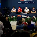 Charles Leclerc (MON) Alfa Romeo Sauber F1 Team, Sebastian Vettel (GER) Ferrari, Lewis Hamilton (GBR) Mercedes-AMG F1 and Romain Grosjean (FRA) Haas F1 in the Press Conference at Formula One World Championship, Rd6, Monaco Grand Prix, Preparations, Monte-