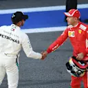 Lewis Hamilton, Mercedes AMG F1 and Sebastian Vettel, Ferrari celebrate in parc ferme at Formula One World Championship, Rd16, Russian Grand Prix, Qualifying, Sochi Autodrom, Sochi, Krasnodar Krai, Russia, Saturday 29 September 2018.