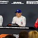 (L to R): Lewis Hamilton, Mercedes AMG F1, Valtteri Bottas, Mercedes AMG F1 and Sebastian Vettel, Ferrari in Press Conference at Formula One World Championship, Rd16, Russian Grand Prix, Qualifying, Sochi Autodrom, Sochi, Krasnodar Krai, Russia, Saturday 29 September 2018.