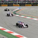 Esteban Ocon, Racing Point Force India VJM11 and Sergio Perez, Racing Point Force India VJM11 at Formula One World Championship, Rd16, Russian Grand Prix, Race, Sochi Autodrom, Sochi, Krasnodar Krai, Russia, Sunday 30 September 2018.