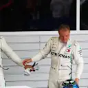 Lewis Hamilton, Mercedes AMG F1 and Valtteri Bottas, Mercedes AMG F1 in parc ferme at Formula One World Championship, Rd16, Russian Grand Prix, Race, Sochi Autodrom, Sochi, Krasnodar Krai, Russia, Sunday 30 September 2018.