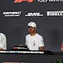 (L to R): Valtteri Bottas, Mercedes AMG F1, Lewis Hamilton, Mercedes AMG F1 and Sebastian Vettel, Ferrari in the Press Conference at Formula One World Championship, Rd16, Russian Grand Prix, Race, Sochi Autodrom, Sochi, Krasnodar Krai, Russia, Sunday 30 September 2018.
