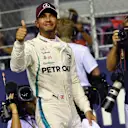 Pole sitter Lewis Hamilton, Mercedes AMG F1 celebrates in parc ferme at Formula One World Championship, Rd15, Singapore Grand Prix, Qualifying, Marina Bay Circuit, Singapore, Saturday 15 September 2018.
