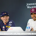 Max Verstappen, Red Bull Racing and Lewis Hamilton, Mercedes AMG F1 in the Press Conference at Formula One World Championship, Rd15, Singapore Grand Prix, Race, Marina Bay Circuit, Singapore, Sunday 16 September 2018.
