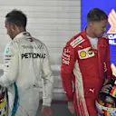 Lewis Hamilton, Mercedes AMG F1 and Sebastian Vettel, Ferrari in parc ferme at Formula One World Championship, Rd15, Singapore Grand Prix, Race, Marina Bay Circuit, Singapore, Sunday 16 September 2018.