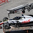 The crashed car of Romain Grosjean (FRA) Haas VF-18 is recovered to the pits in FP2 at Formula One World Championship, Rd5, Spanish Grand Prix, Practice, Barcelona, Spain, Friday 11 May 2018. © Mark Sutton/Sutton Images