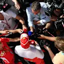 Sebastian Vettel (GER) Ferrari talks with the media at Formula One World Championship, Rd5, Spanish Grand Prix, Practice, Barcelona, Spain, Friday 11 May 2018. © Mark Sutton/Sutton Images