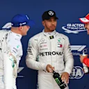 (L to R): Bottas (FIN) Mercedes-AMG F1, pole sitter Hamilton (GBR) Mercedes-AMG F1 and Vettel (GER) Ferrari at Formula One World Championship, Rd5, Spanish Grand Prix, Qualifying, Barcelona, Spain, Saturday 12 May 2018. © Mark Sutton/Sutton Images
