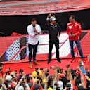 Will Buxton (GBR) FOM TV Presenter with Fernando Alonso (ESP) McLaren and Marc Gene (ESP) Ferrari on the Fanzone stage at Formula One World Championship, Rd5, Spanish Grand Prix, Qualifying, Barcelona, Spain, Saturday 12 May 2018. © Jerry Andre/Sutton Images