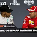 Lewis Hamilton (GBR) Mercedes-AMG F1 and Sebastian Vettel (GER) Ferrari in the Press Conference at Formula One World Championship, Rd5, Spanish Grand Prix, Qualifying, Barcelona, Spain, Saturday 12 May 2018. © Manuel Goria/Sutton Images