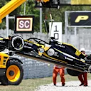 The crashed car of Nico Hulkenberg (GER) Renault Sport F1 Team RS18 is recovered at Formula One World Championship, Rd5, Spanish Grand Prix, Race, Barcelona, Spain, Sunday 13 May 2018. © Zak Mauger/LAT/Sutton Images