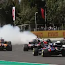 Romain Grosjean (FRA) Haas VF-18, Nico Hulkenberg (GER) Renault Sport F1 Team RS18 and Pierre Gasly (FRA) Scuderia Toro Rosso STR13 crash on lap one at Formula One World Championship, Rd5, Spanish Grand Prix, Race, Barcelona, Spain, Sunday 13 May 2018. ©