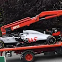 THe crashed car of race retiree Romain Grosjean (FRA) Haas VF-18 at Formula One World Championship, Rd5, Spanish Grand Prix, Race, Barcelona, Spain, Sunday 13 May 2018. © Jerry Andre/Sutton Images