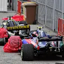The crashed cars of race retirees Nico Hulkenberg (GER) Renault Sport F1 Team RS18 and Pierre Gasly (FRA) Scuderia Toro Rosso STR13 at Formula One World Championship, Rd5, Spanish Grand Prix, Race, Barcelona, Spain, Sunday 13 May 2018. © Mark Sutton/Sutton Images