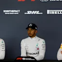 Valtteri Bottas (FIN) Mercedes-AMG F1, Lewis Hamilton (GBR) Mercedes-AMG F1 and Max Verstappen (NED) Red Bull Racing in the Press Conference at Formula One World Championship, Rd5, Spanish Grand Prix, Race, Barcelona, Spain, Sunday 13 May 2018. © Manuel Goria/Sutton Images