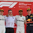 (L to R): Bonnington (GBR) Mercedes AMG F1 Race Engineer, Valtteri Bottas (FIN) Mercedes-AMG F1, Lewis Hamilton (GBR) Mercedes-AMG F1 and Max Verstappen (NED) Red Bull Racing on the podium at Formula One World Championship, Rd5, Spanish Grand Prix, Race, Barcelona, Spain, Sunday 13 May 2018. © Mark Sutton/Sutton Images