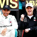 Race winner Lewis Hamilton (GBR) Mercedes-AMG F1 and Valtteri Bottas (FIN) Mercedes-AMG F1 celebrate with the team at Formula One World Championship, Rd5, Spanish Grand Prix, Race, Barcelona, Spain, Sunday 13 May 2018. © Sam Bloxham/LAT/Sutton Images