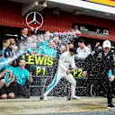 Race winner Lewis Hamilton (GBR) Mercedes-AMG F1 and Valtteri Bottas (FIN) Mercedes-AMG F1 celebrate with the team and the champagne at Formula One World Championship, Rd5, Spanish Grand Prix, Race, Barcelona, Spain, Sunday 13 May 2018. © Manuel Goria/Sut