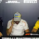 Sergio Perez (MEX) Force India, Fernando Alonso (ESP) McLaren and Carlos Sainz jr (ESP) Renault Sport F1 Team in the Press Conference at Formula One World Championship, Rd5, Spanish Grand Prix, Preparations, Barcelona, Spain, Thursday 10 May 2018. © Manuel Goria/Sutton Images