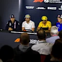 Sergio Perez (MEX) Force India, Fernando Alonso (ESP) McLaren, Carlos Sainz jr (ESP) Renault Sport F1 Team and Brendon Hartley (NZL) Scuderia Toro Rosso in the Press Conference at Formula One World Championship, Rd5, Spanish Grand Prix, Preparations, Barcelona, Spain, Thursday 10 May 2018. © Manuel Goria/Sutton Images